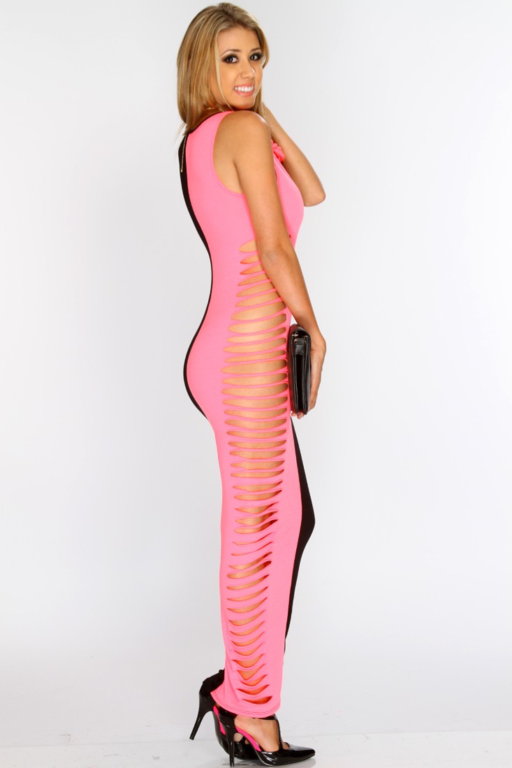 F5056-2  Hot Pink Black Razor Cutout Sides Sexy Maxi Dress